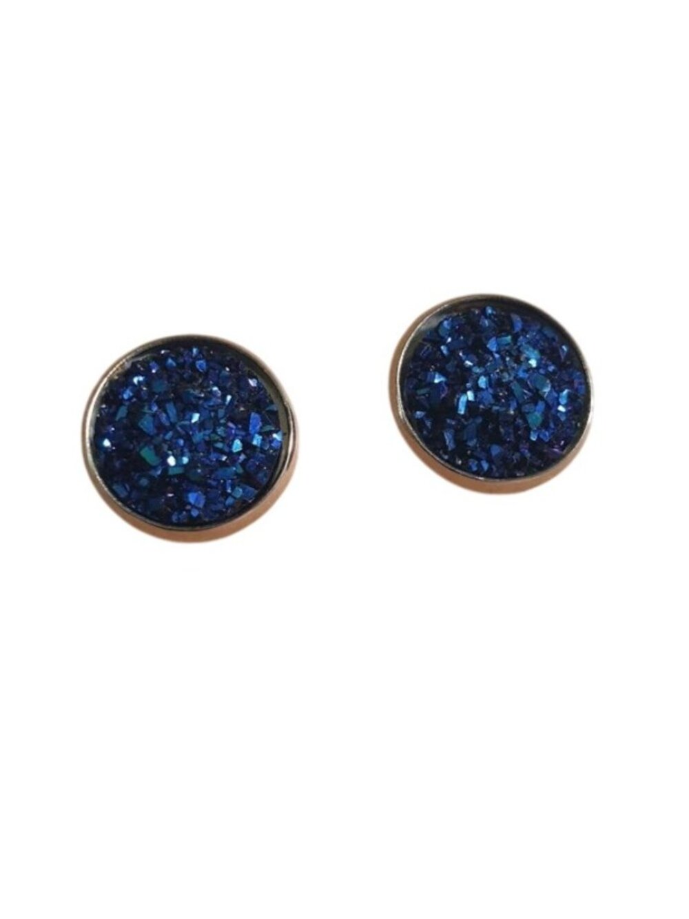 Round Blue Drusy Stud Earrings Silver Tone Setting Stylish Lightweight Jewelry